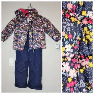 NWT Carters Snow Set Bibs & Puffer Coat Fleece Lined Blue Pink Floral Size S/4